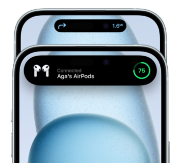 iPhone 15, front, top is showing Dynamic Island displaying directions in Apple Maps, iPhone 15, front, Dynamic Island is enlarged to show AirPods are connected and charged to 75 per cent.