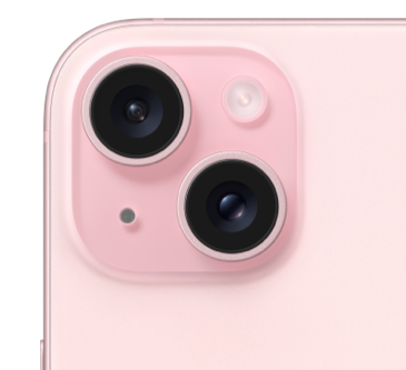 Advanced camera system, 2 lenses, flash, transparent housing, revealing back Pink finish.