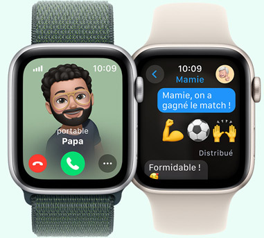 Deux Apple Watch. Une avec un Memoji de Papa qui appelle. L’autre avec un SMS pour Mamie qui dit « Mamie, on a gagné le match ! »{