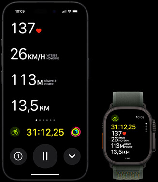 Vue Activité en direct montrant les données relatives à la pratique du vélo d’une personne à la fois sur son Apple Watch Ultra 2 et sur son iPhone.