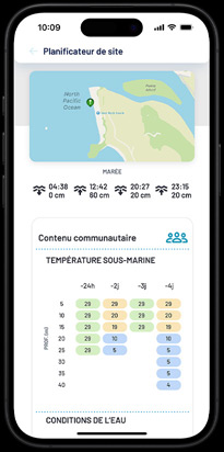 Local dive conditions with community feedback displayed as part of location planning.