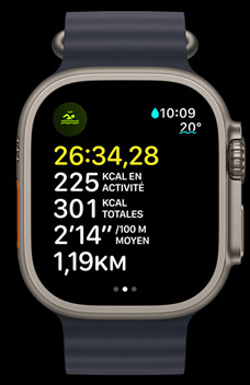 Cadran d’Apple Watch Ultra 2 affichant une nage en eau libre avec le temps, les calories et l’allure.