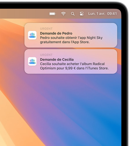 Deux notifications macOS sont affichées dans le coin supérieur droit d’un écran de Mac. Chacune montre des demandes d’achat, la première pour l’app Night Sky sur l’App Store, la seconde pour l’album MUNA sur l’iTunes Store