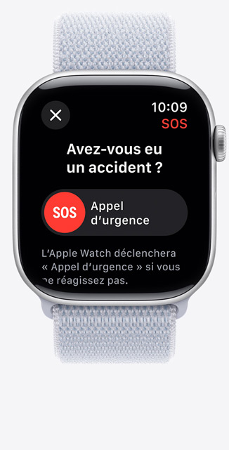 Vue de face d’une Apple Watch Series 10 affichant une notification Détection des chutes.