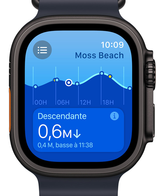 Une Apple Watch Ultra affichant à l’écran la nouvelle app Marées.