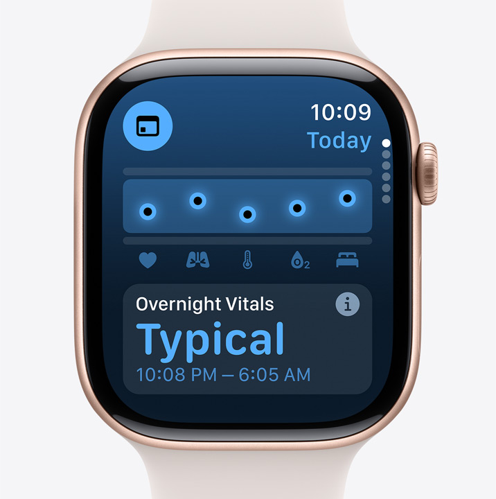 Μια οθόνη του app Ζωτικές Ενδείξεις σε ένα Apple Watch Series 10 που δείχνει ότι τα δεδομένα που συλλέγονται κατά τη διάρκεια της νύχτας ήταν τυπικά.