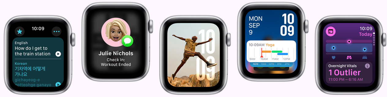 Five Apple Watch devices showing screens including Translate app, Check in app, Photos face, Smart stack watch face, and Vitals app