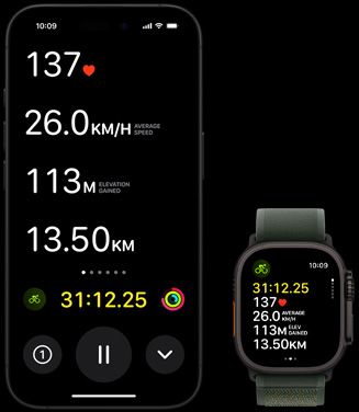 Live Activity showing a person's biking metrics on both their Apple Watch Ultra 2 and their iPhone.