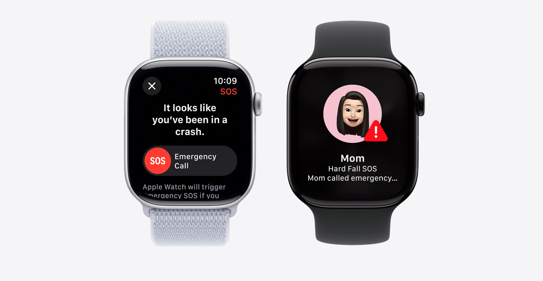 Two Apple Watch Series 10. The first shows a Crash Detection notification screen with an Emergency Call button. The second shows a notification screen indicating that "Mom" took a hard fall and has called emergency services.