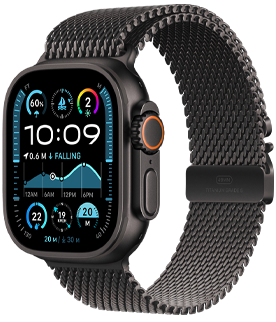 Apple Watch Ultra 2 with a black titanium case and Black Titanium Milanese Loop band.