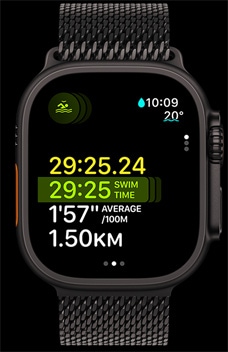 Apple Watch Ultra 2 prikazuje trajanje plivanja, tempo i udaljenost kao dio značajke Više sportova.