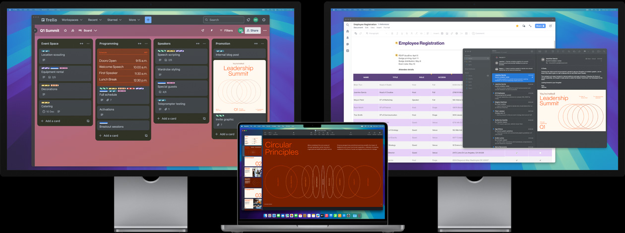 Egy MacBook Prón, amelyhez két Studio Display van csatlakoztatva – egy vezetői konferenciára készülő felhasználó a Trello appal kezeli a feladatait, miközben egy prezentáción dolgozik, és e-mailben kapott projektfájlokat néz át.