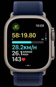 Apple Watch Ultra 2 demonstrating how fast a person is riding their bike.