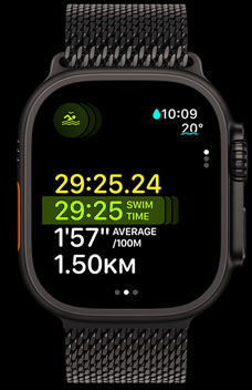 Apple Watch Ultra 2 showing the swim duration, pace and distance as part of the Multisport feature.