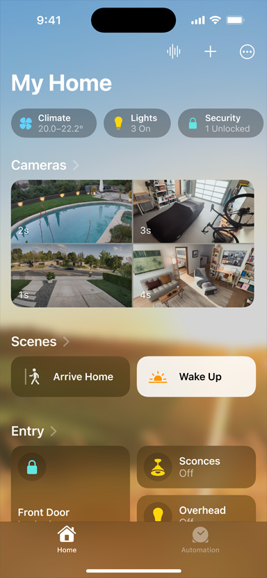 iPhone displaying my home, cameras, scenes, and entry