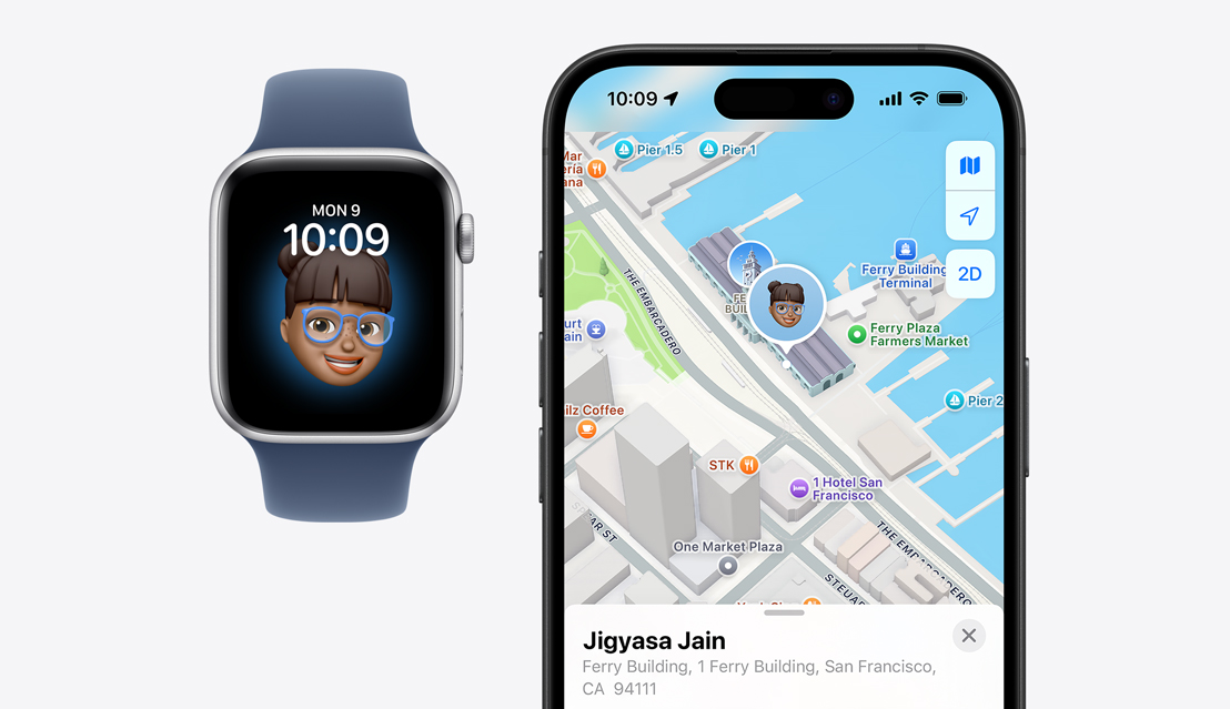 An Apple Watch SE with a child’s face on the screen next to an iPhone 16 showing the child’s location on the Find My app.