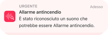 Un avviso di riconoscimento dei suoni per un allarme antincendio su iPhone.