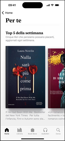 Il display di un iPhone che mostra la sezione “Per te” nell’app Libri. Viene mostrata la Top 5 settimanale