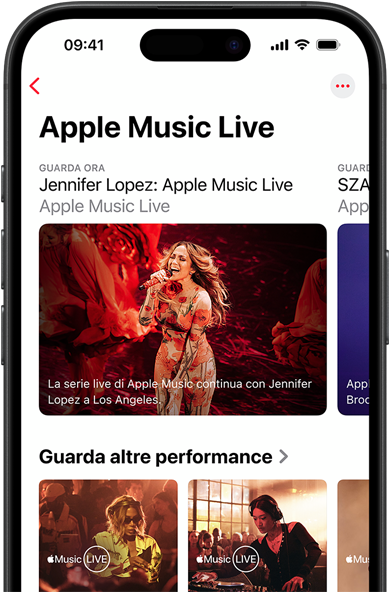 Una schermata di Apple Music Live su un iPhone che mostra le sezioni Guarda ora e Guarda altre performance, e contenuti esclusivi come I 100 migliori album di Apple Music