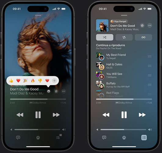 Due iPhone affiancati: quello a sinistra mostra in riproduzione il brano Don’t Do Me Good di Madi Diaz e Kacey Musgraves, e il riquadro di suggerimento delle emoji che propone pollice verso l’alto, cuore, festa, pollice verso il basso e la possibilità di aggiungere un’altra reazione; quello a destra mostra una playlist collaborativa chiamata Playlist On The Road! con diverse canzoni aggiunte da altre persone