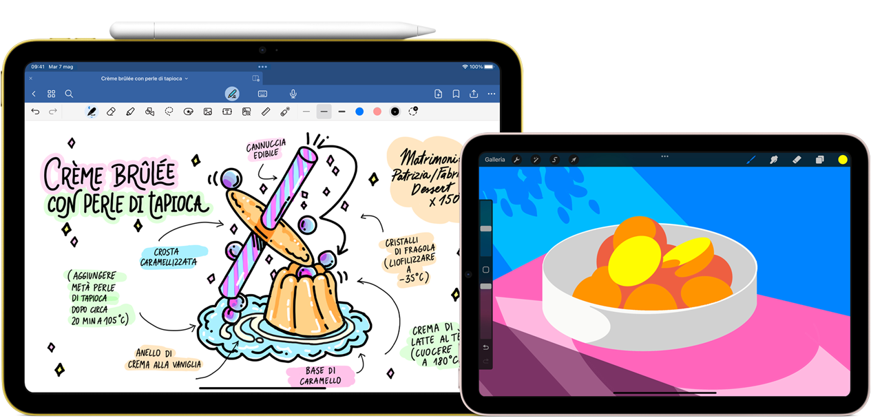 Due modelli di iPad affiancati. Quello di sinistra è un iPad decima generazione disposto in orizzontale: si notano un disegno e alcune scritte, e sul lato superiore è agganciata una Apple Pencil USB-C. Quello di destra è un iPad mini in posizione orizzontale: il display mostra un’illustrazione dai colori brillanti creata con l’app ProCreate.