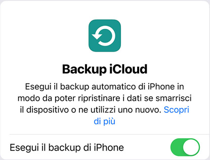 Schermata che mostra lo spazio utilizzato da Backup iCloud