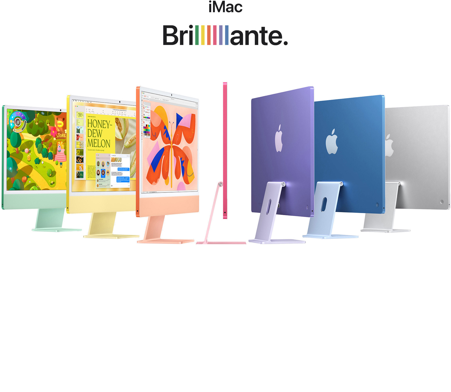 Sette iMac nei colori verde, giallo, arancione, rosso, viola, blu e argento disposti a fisarmonica