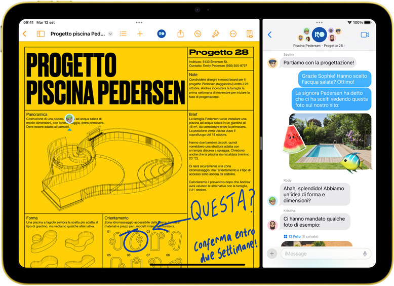 Schermata di iPad in Split View che mostra le app Pages e Messaggi