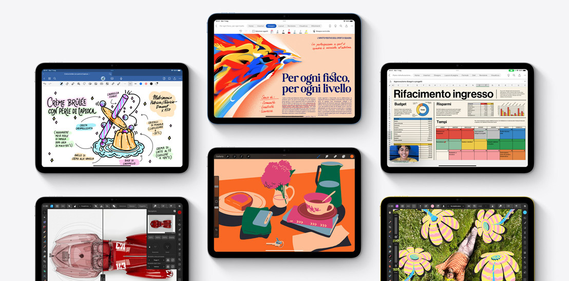 Sei iPad che mostrano varie app, tra cui Goodnotes 6, Affinity Designer 2, Microsoft Word, Procreate, Microsoft Excel, Webex e Affinity Photo 2.