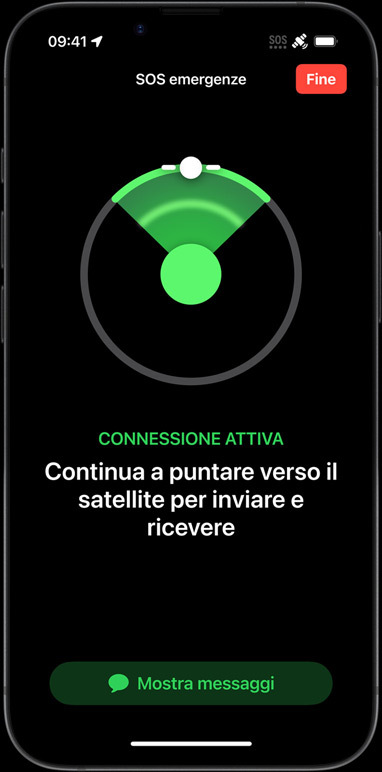 Un iPhone 16e che mostra funzioni per la connettività come Messages via Satellite, Dov’è, Roadside Assistance e SOS emergenze.