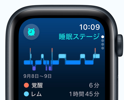 睡眠アプリの「睡眠ステージ」画面。起きていた分数、レム睡眠の分数が表示されている