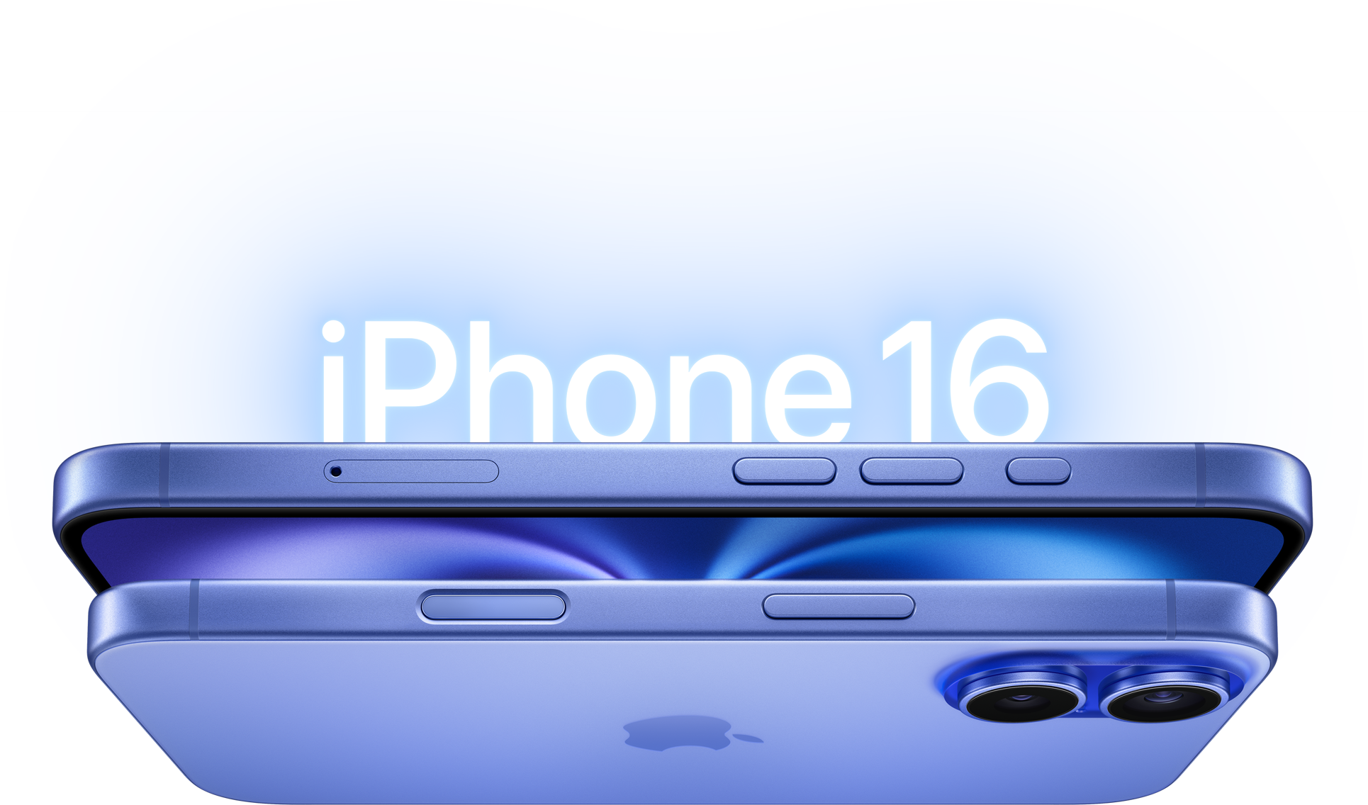 울트라마린 색상 iPhone 16 모델 두 개의 옆면. 측면 버튼, 돌출된 듀얼 카메라 시스템이 보입니다.