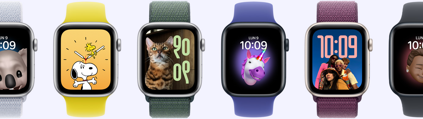 Seis dispositivos Apple Watch con diferentes opciones de carátulas, como Memoji, Fotos, Retrato y Snoopy.