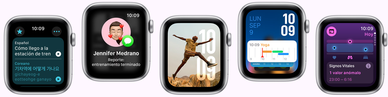 Cinco pantallas de Apple Watch muestran la app Traducir, la app Reporte, la carátula Fotos, la carátula Modular y la app Signos Vitales.