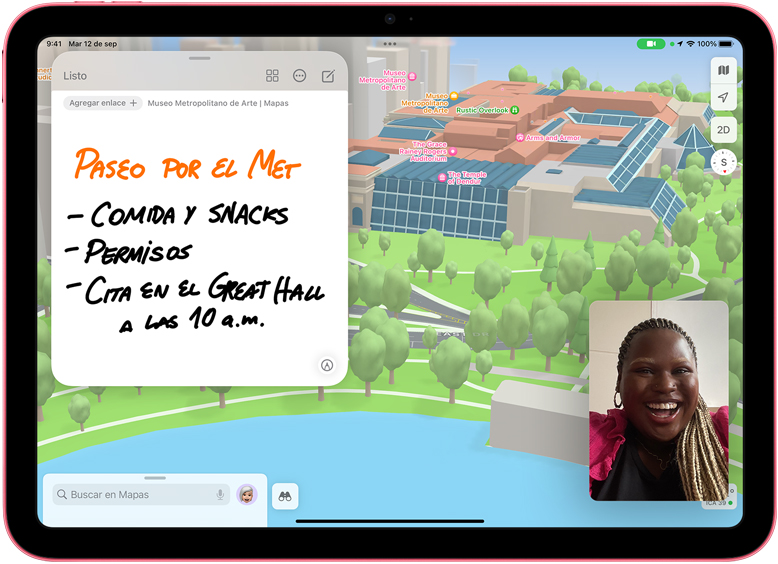 Una Nota Rápida en Mapas junto a una imagen en miniatura de una llamada de FaceTime en un iPad.