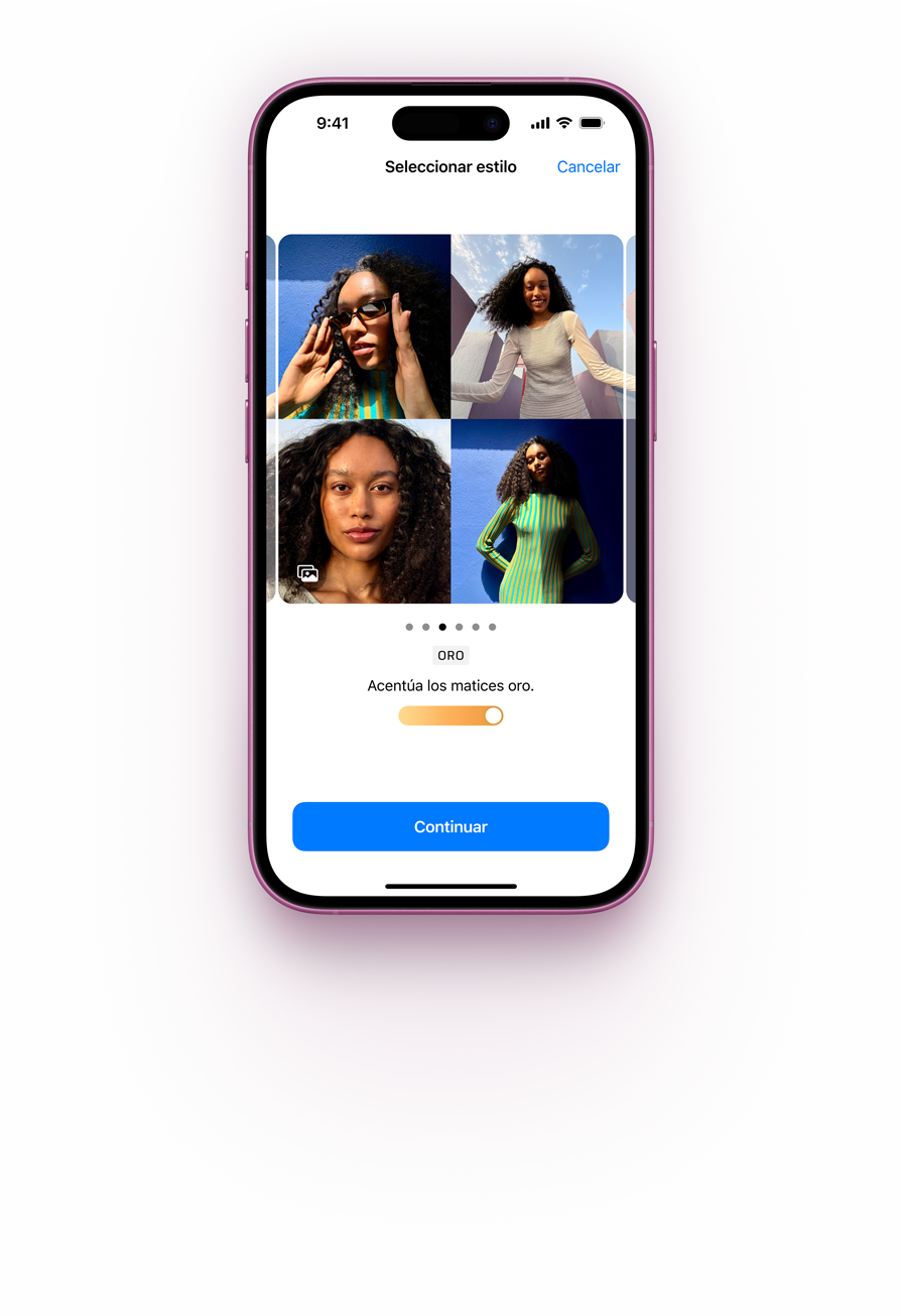 Demostración de cómo seleccionar Estilos Fotográficos en un iPhone 16 rosa