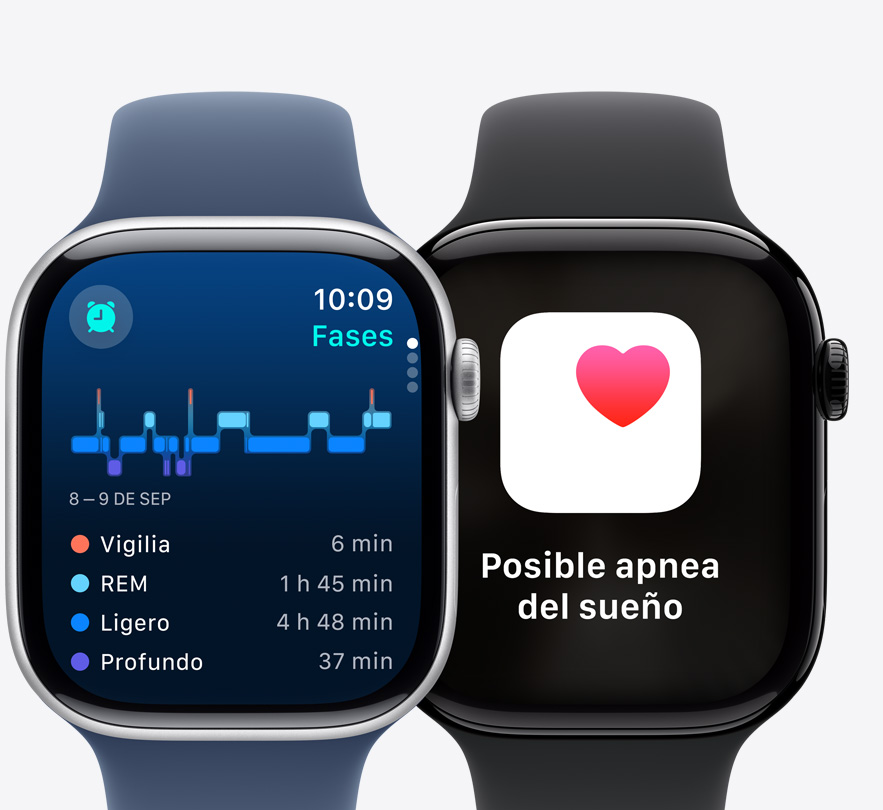 Dos Apple Watch Series 10, uno muestra las Fases del Sueño y el otro una notificación de Posible Apnea del Sueño.