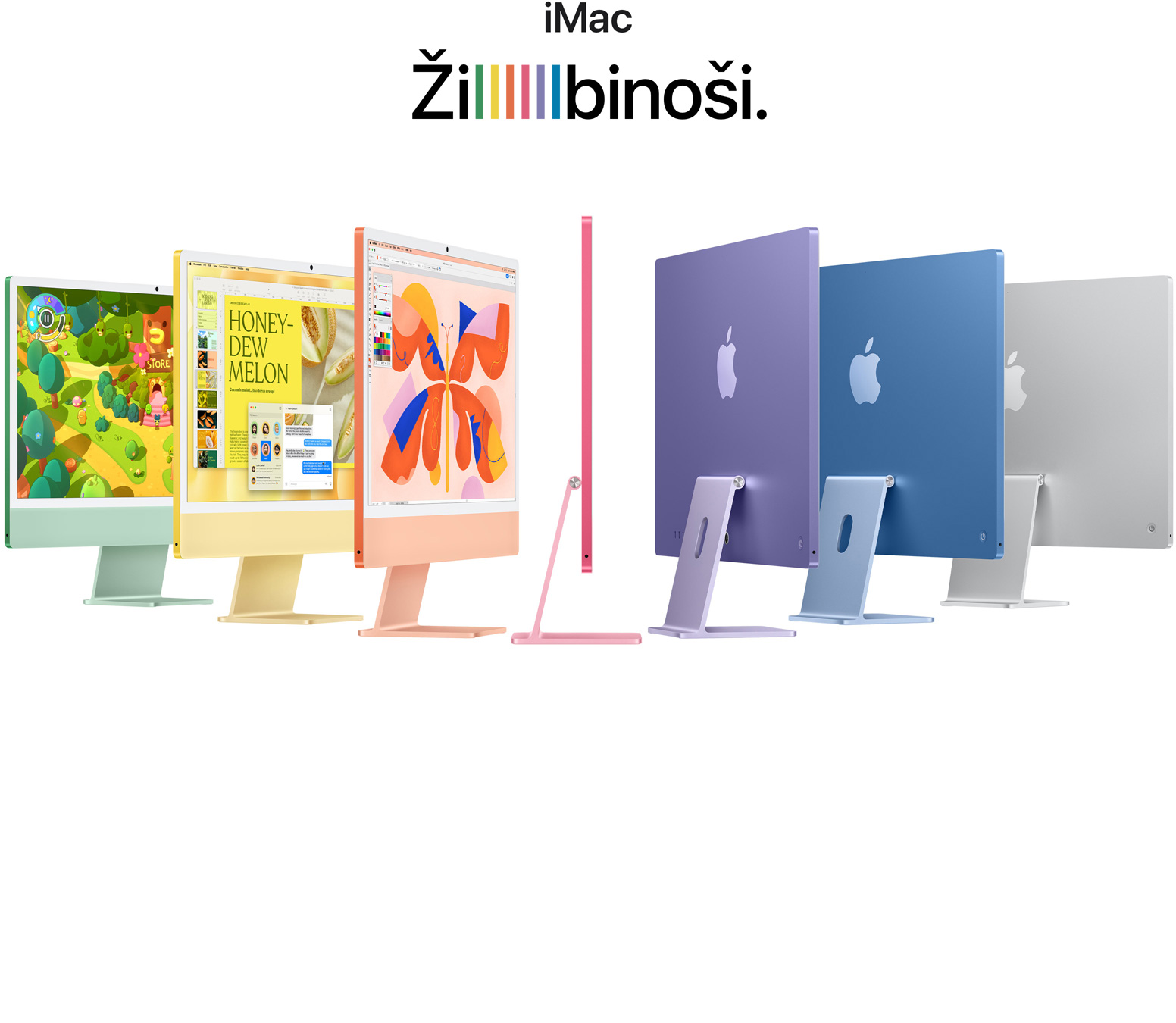 7 iMac dažādās krāsās (zaļā, dzeltenā, oranžā, rozā, violetā, zilā, sudraba) akordeona izkārtojumā.