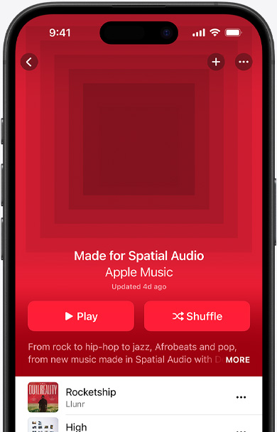 iPhone screen with Made for Spatial Audio playlist cover art in the Apple Music app