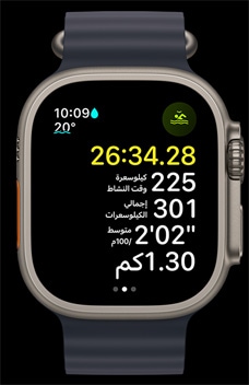 ساعة Apple Watch Ultra 2 تعرض على شاشاتها بيانات لنشاط سباحة في المياه المفتوحة تتضمن الوقت والسعرات الحرارية والسرعة.