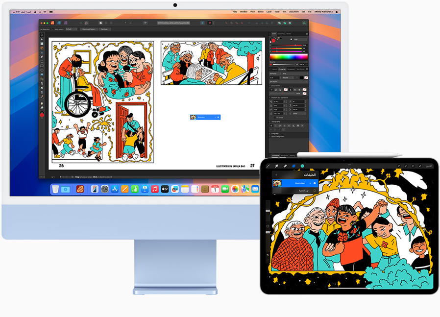 صورة لجهاز iPad Pro مقاس 12.9 إنش وجهاز iMac يعرضان مشروعاً إبداعياً يعمل عليه أحد المستخدمين. يظهر المشروع الرئيسي على iMac، فيما يُستخدم iPad كشاشة ثانية.