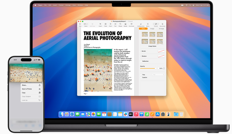 The same image copied on iPhone 15 is pasted onto a Pages document on a Macbook Pro.