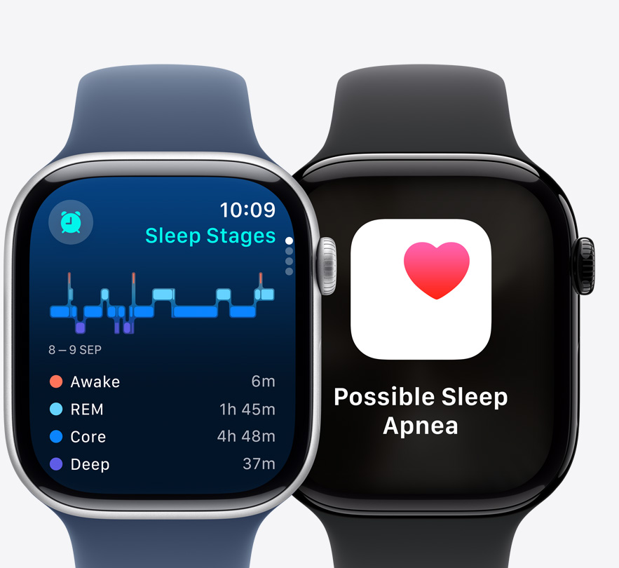 Front view of two Apple Watch Series 10 showing a Sleep Stages screen and a Possible Sleep Apnea notification.