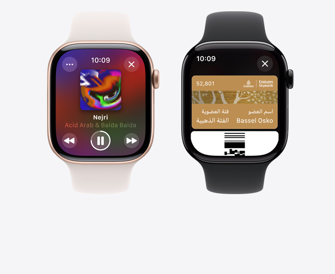 Front view of an Apple Watch Ultra 2 and Apple Watch Series 10 showing music playing and the Apple Card.