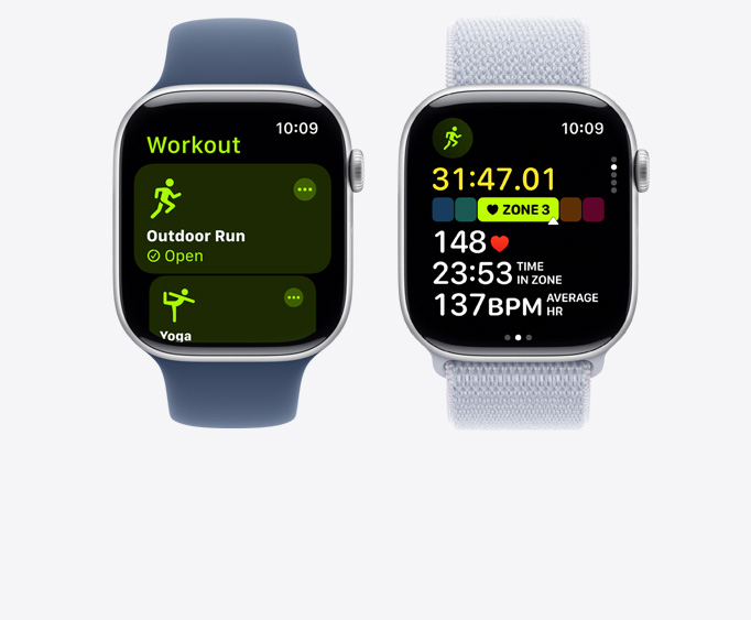 صورة أمامية لساعتَي Apple Watch Series 10 وApple Watch Ultra 2 تعرضان شاشة تمرين اليوغا وشاشة تمرين الركض مع مقاييس متعددة.