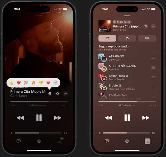 Un iPhone a la izquierda muestra en la pantalla que se está reproduciendo la canción “Don't Do Me Good”, de Madi Diaz y Kacey Musgraves, y diferentes opciones de emojis para reaccionar: pulgar hacia arriba, corazón, celebrar, pulgar hacia abajo y el signo más para agregar otra reacción. Un iPhone a la derecha muestra una playlist colaborativa llamada Road Trip Playlist con varias canciones agregadas por otras personas