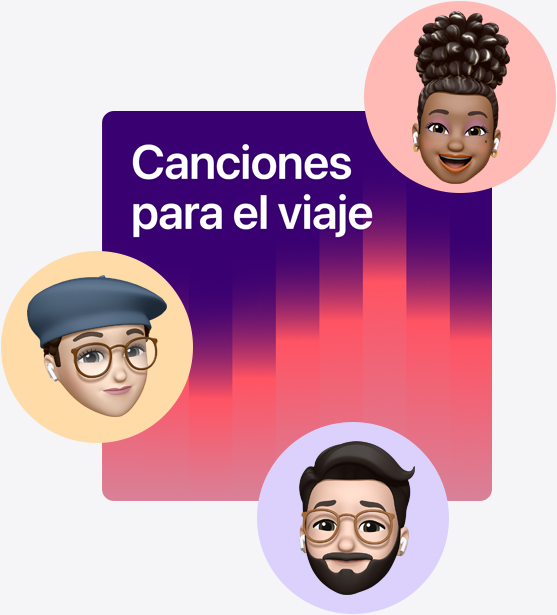 Portada de una playlist compartida llamada Road Trip Playlist rodeada de memojis