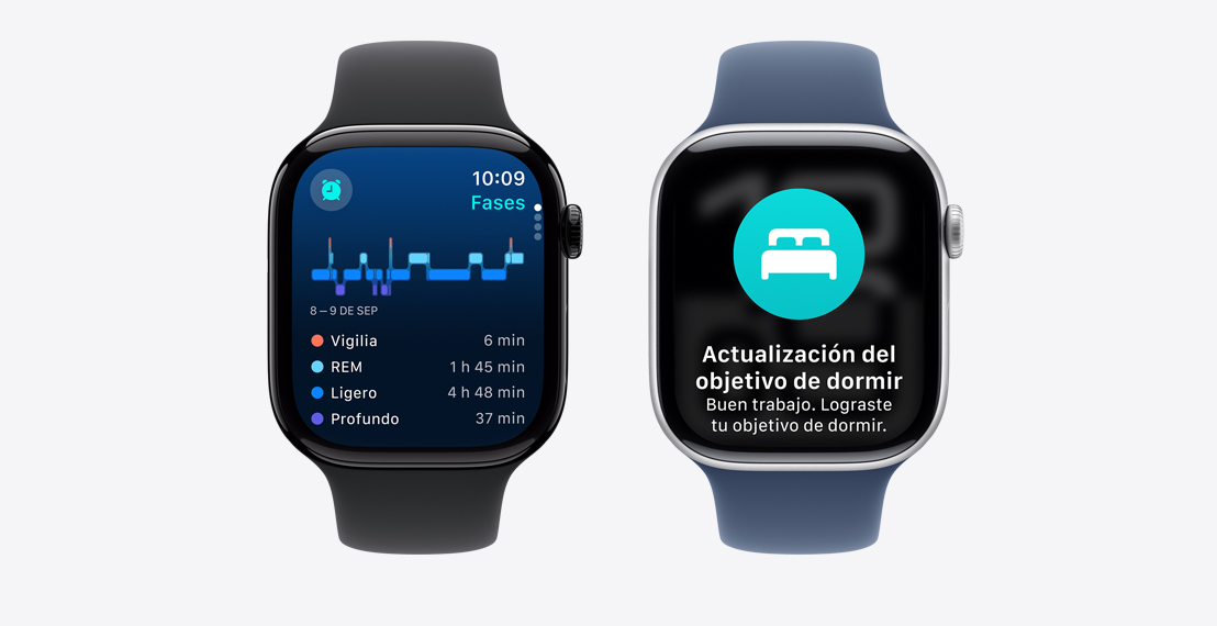 Dos Apple Watch Series 10. El primero muestra los datos de Fases del Sueño. El segundo muestra una notificación de actualización de metas de sueño.