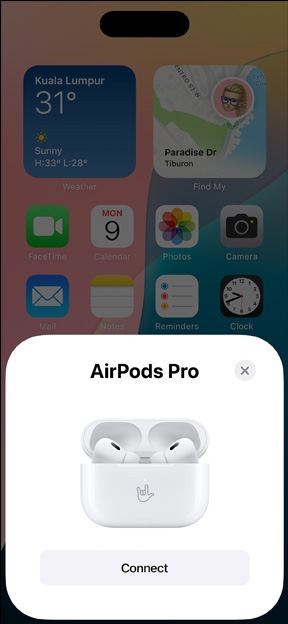 MagSafe Charging Case holding AirPods Pro next to iPhone. Small tile on iPhone Home Screen displays pop-up with connect button that easily pairs AirPods when tapped.