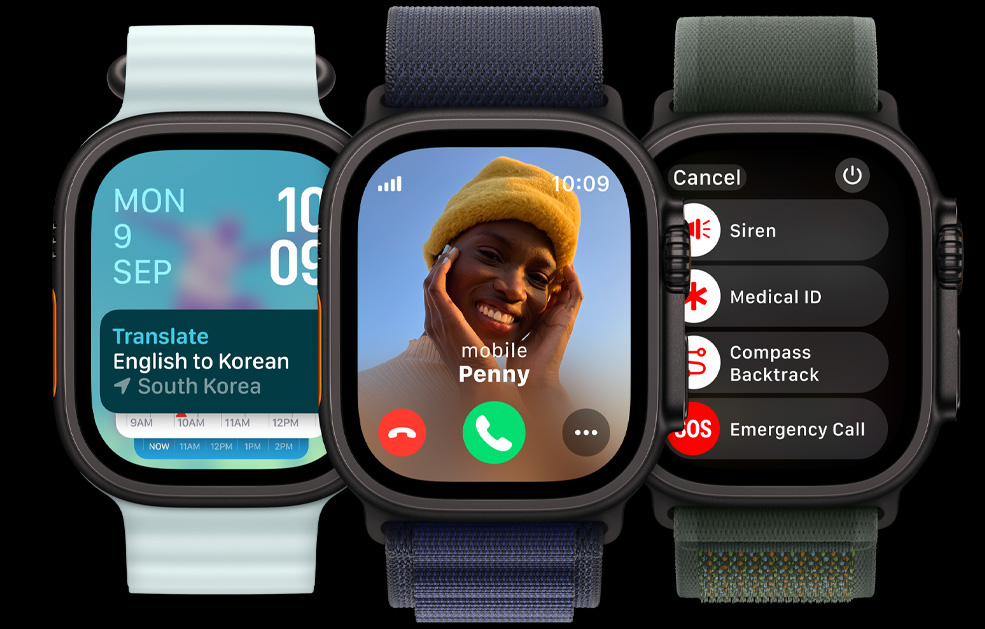 Three Apple Watch Ultra displays. One with the Translate app. Another with an incoming call. And the last with Siren, Medical ID, Backtrack and Emergency call icons.